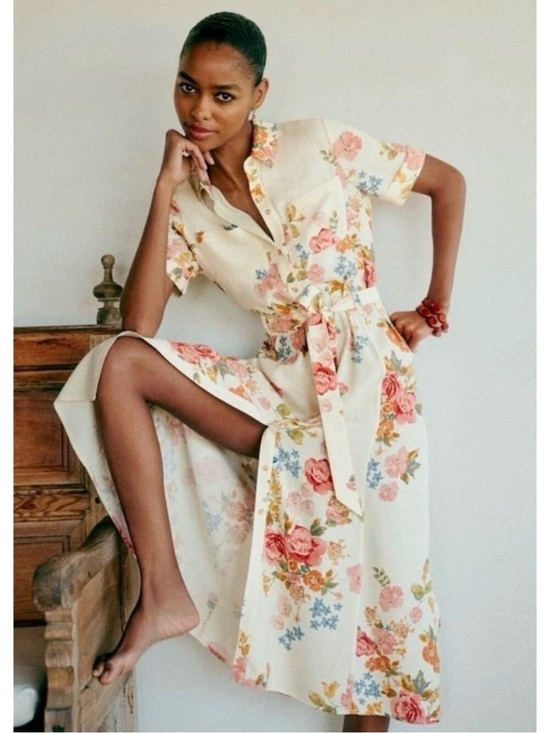 Sezane Dresses & Skirts - NWT. Sezane Adele Midi Dress Calvi Print, Cream Floral with Pink & Blue Blooms